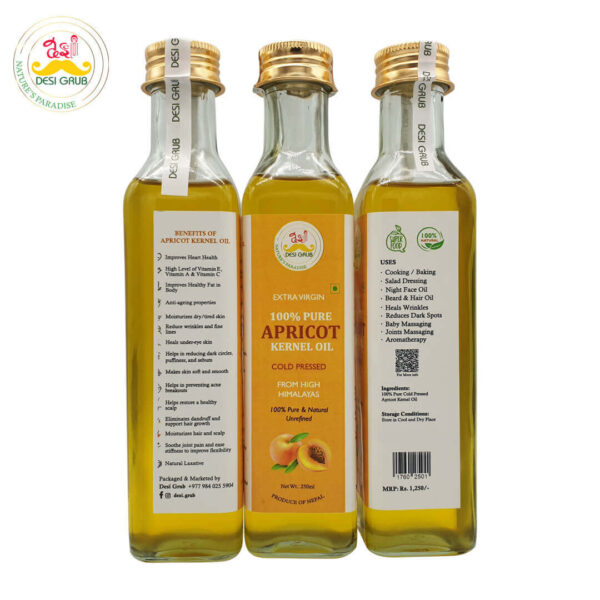 Desi Grub Apricot Kernel Oil 250ml: Extra Virgin, Cold-Pressed, Edible, High Himalayan