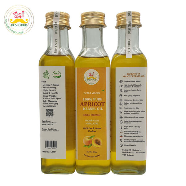 Desi Grub Apricot Kernel Oil 250ml: Extra Virgin, Cold-Pressed, Edible, High Himalayan