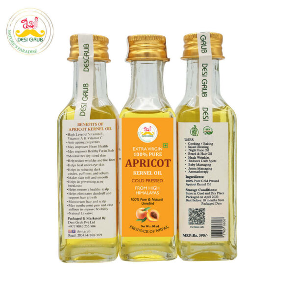 Desi Grub Apricot Kernel Oil Extra Virgin - 100% Pure Cold Pressed from High Himalayas 60 ml