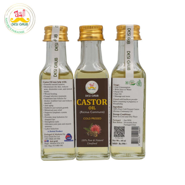 Desi Grub Castor Oil 60ml | Cold-Pressed, Natural Laxative, Skincare, and Hair Growth Solution